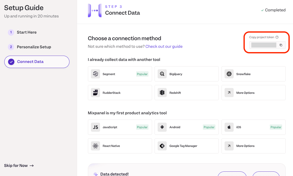 Mixpanel Setup Guide showing the Copy project token button