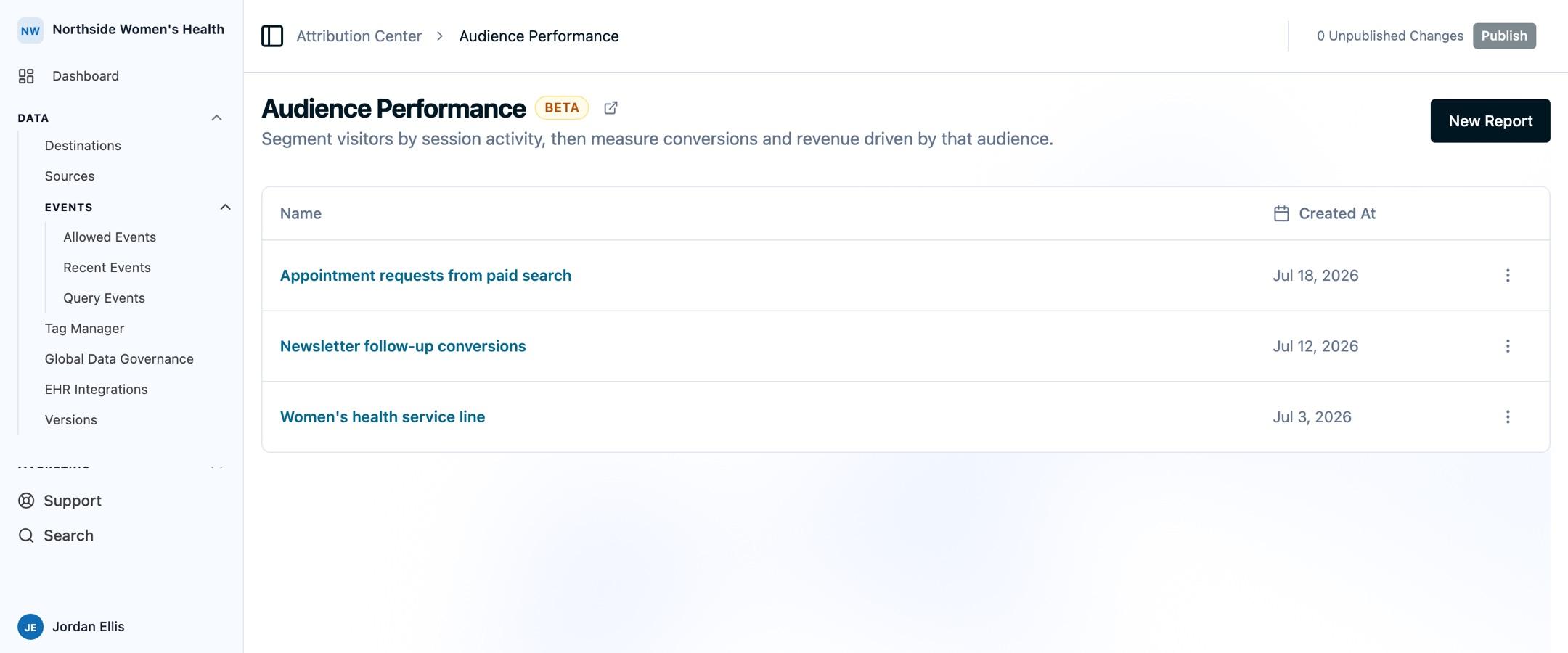 Audience Performance report with conversion metrics, a revenue trend, and source, medium, and campaign breakdowns.
