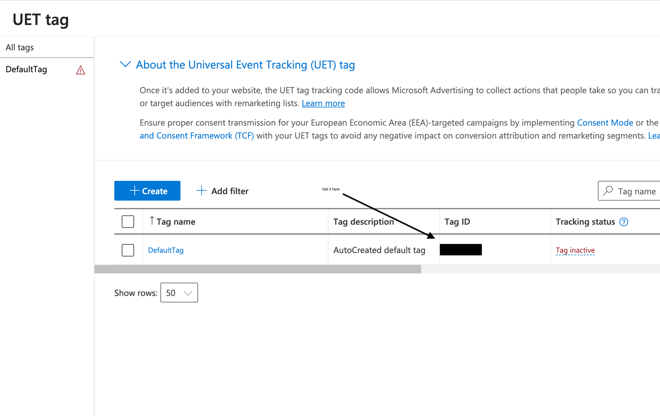 The Universal Event Tracking screen in Microsoft Advertising showing a table of UET tags with Tag name, Tag description, Tag ID, and Tracking status columns
