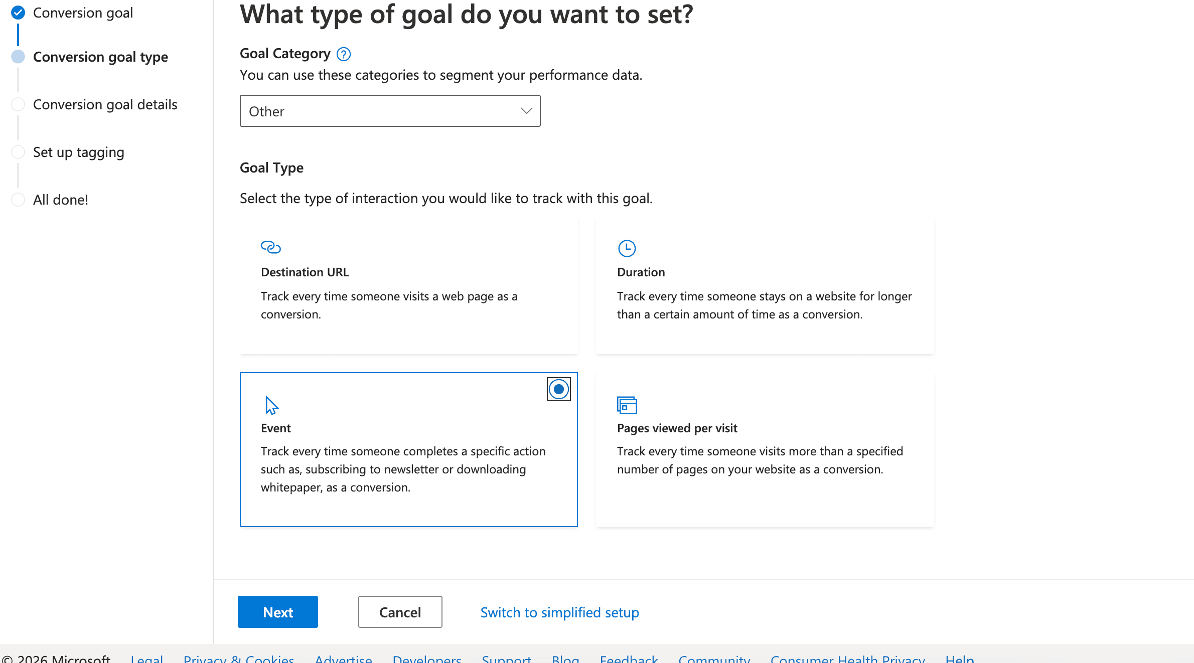 The conversion goal details step in Microsoft Advertising with Other selected as the category and Event selected as the type