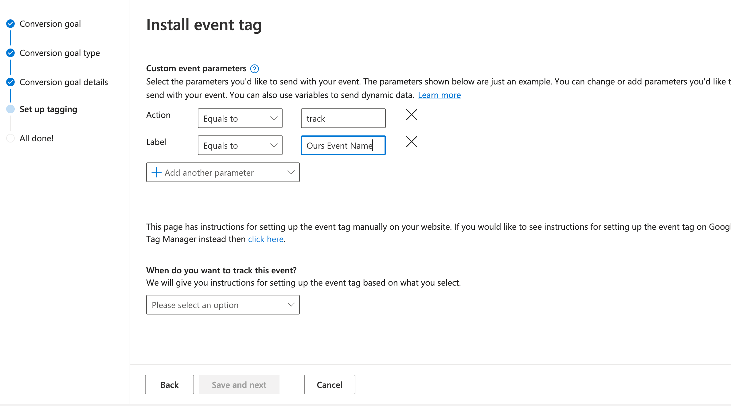 The Manual Installation section in Microsoft Advertising with track entered as the Action and the Ours Privacy event name entered as the Label