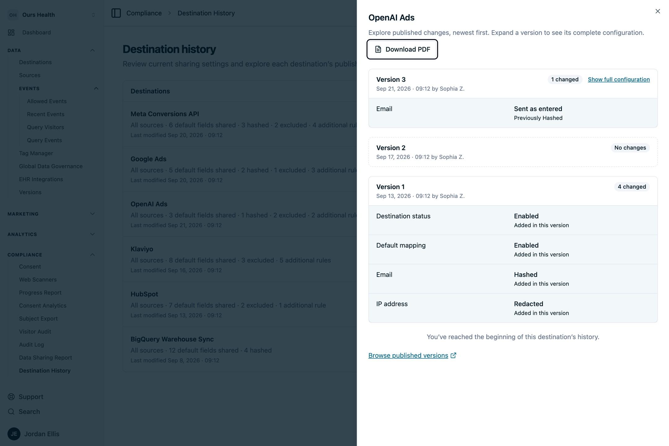 The Destination History page showing a destination's published versions as a change list, with changed settings, publish dates, and a Download PDF button.