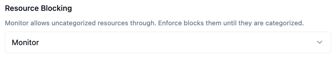The Resource Blocking selector set to Monitor, with the help text explaining that Monitor allows uncategorized resources through while Enforce blocks them until they are categorized.