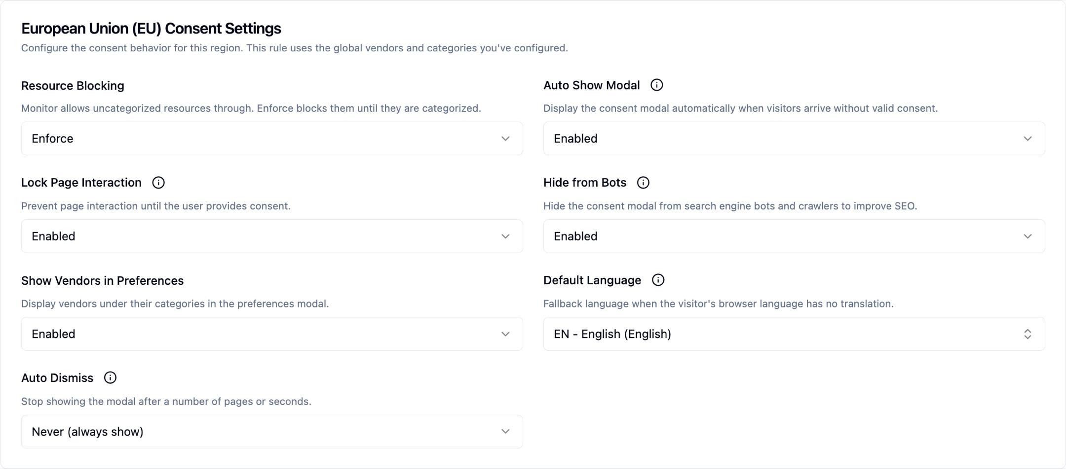 A European Union (EU) Consent Settings rule with Resource Blocking switched to Enforce, alongside the rule's other per-region settings — Auto Show Modal, Lock Page Interaction, Hide from Bots, Show Vendors in Preferences, Default Language, and Auto Dismiss.