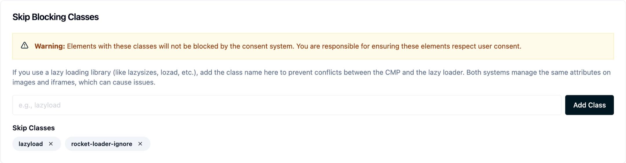 The Skip Blocking Classes card with a warning that elements carrying these classes will not be blocked by the consent system, an input for adding a class name, and two configured skip classes: lazyload and rocket-loader-ignore.