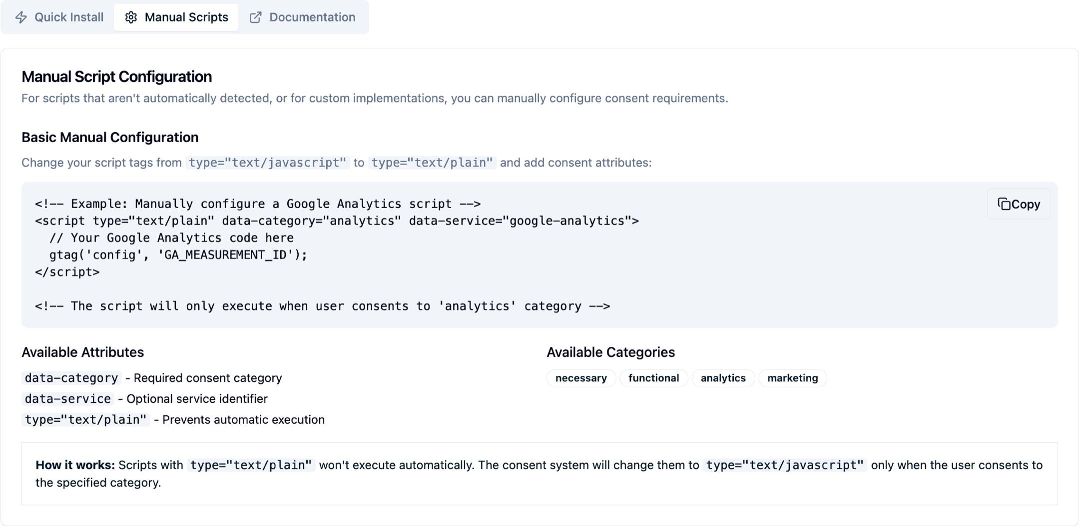 The Manual Scripts tab of the Install and Setup panel, explaining how to change a script tag to type text/plain and add consent attributes, with a Google Analytics example, the meanings of data-category and data-service, and the four category keys this configuration accepts: necessary, functional, analytics, and marketing.