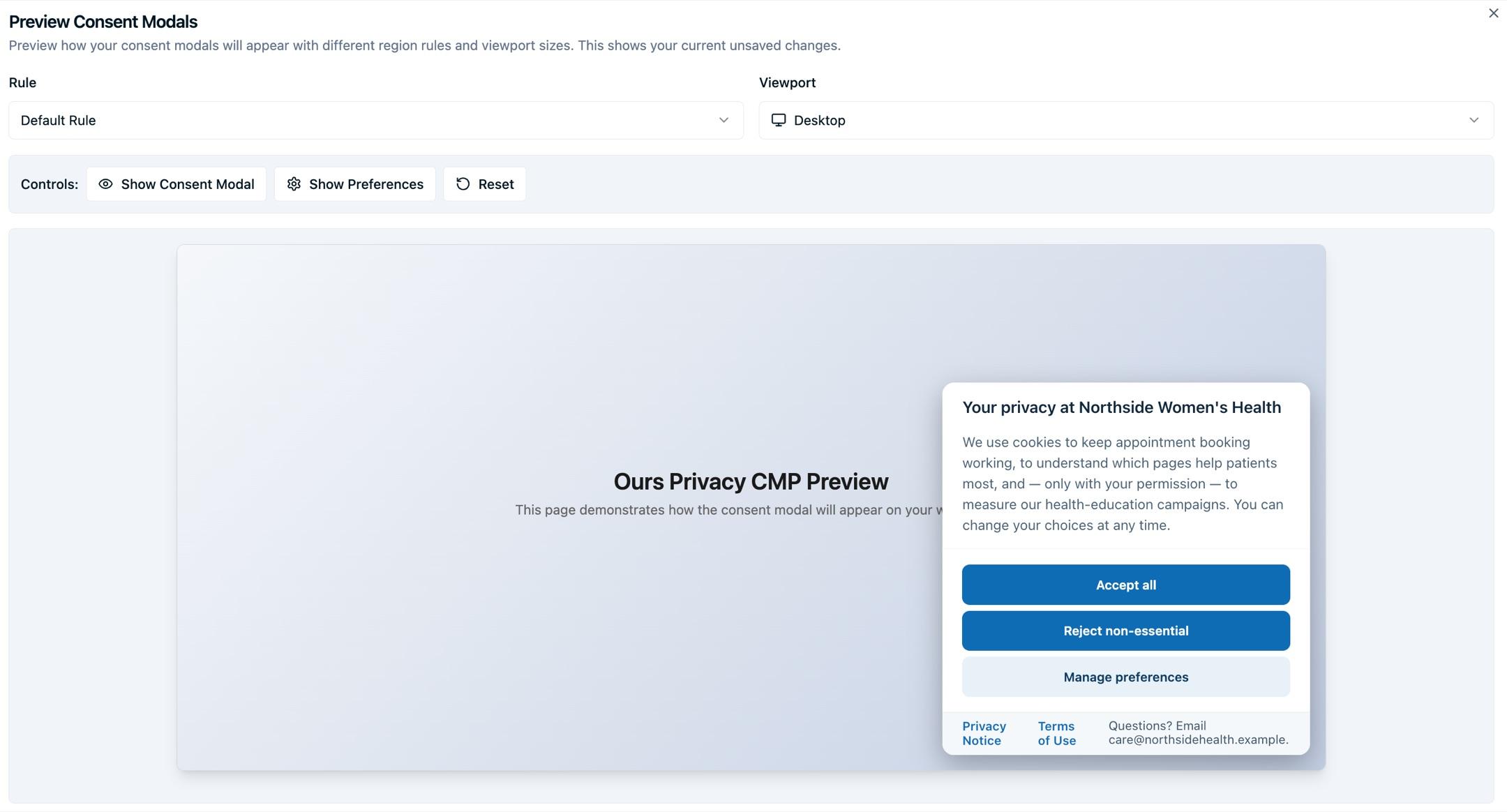 The Preview Consent Modals dialog. Selectors choose which region rule and viewport size to preview, buttons show the consent modal or the preferences modal or reset the preview, and a mock web page below renders the live consent banner with the configured colors, copy, and button labels.