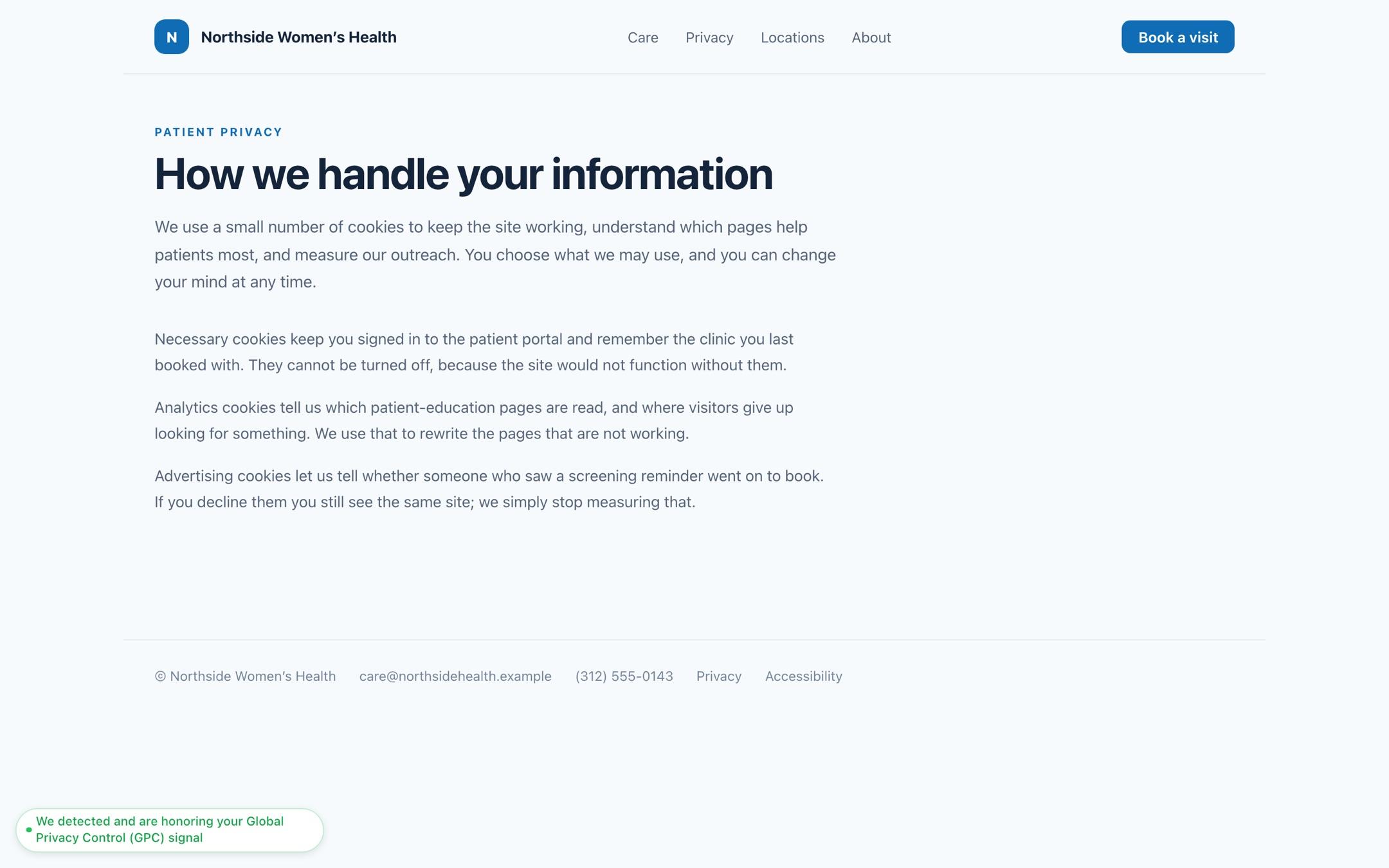 A clinic web page with no consent banner. In the bottom-left corner a small white pill with a green dot and green text reads: We detected and are honoring your Global Privacy Control (GPC) signal.