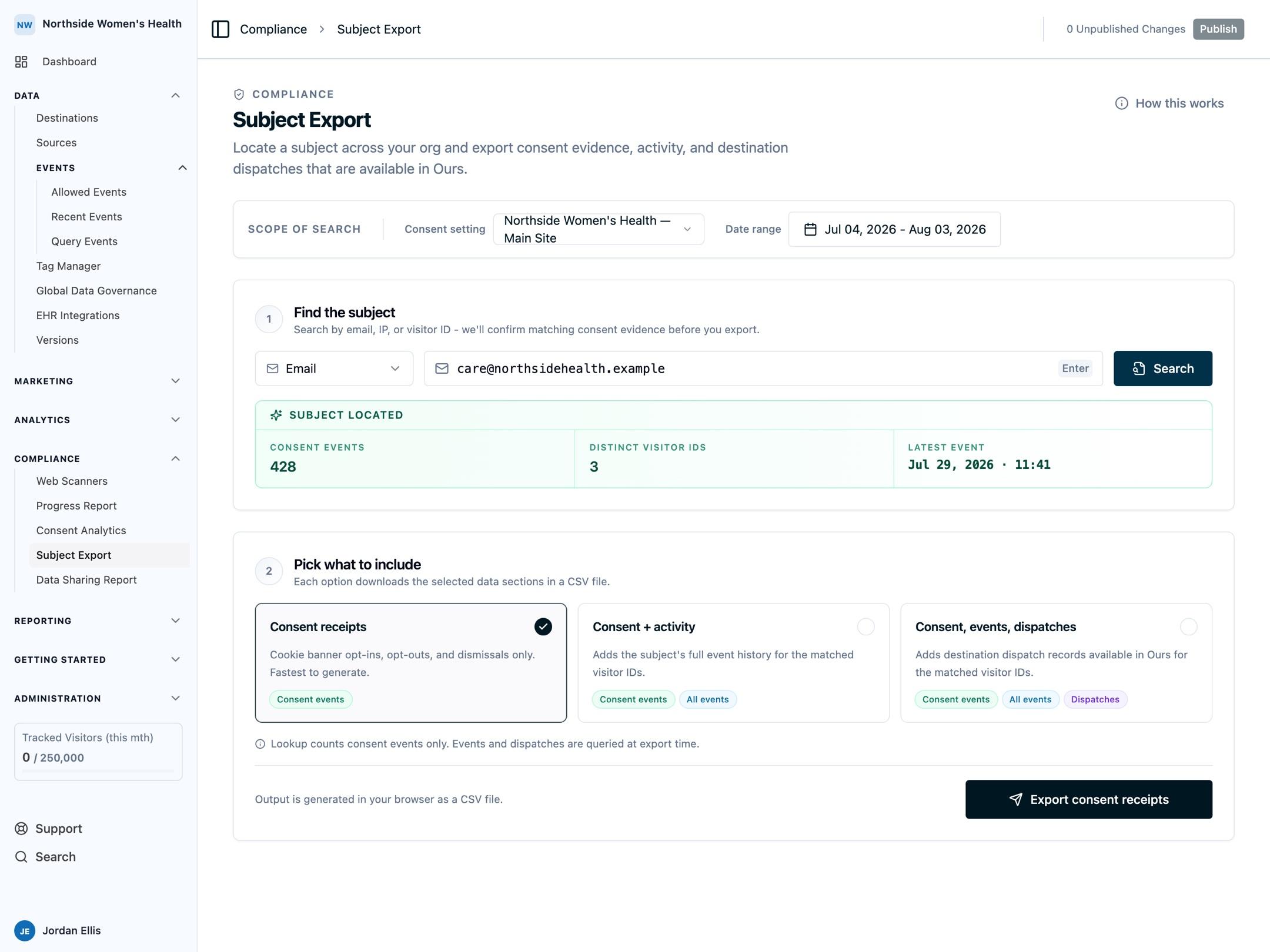 The Subject Export page showing privacy-safe aggregate lookup evidence for a selected consent setting and date range, including summary counts for matching consent activity before export.