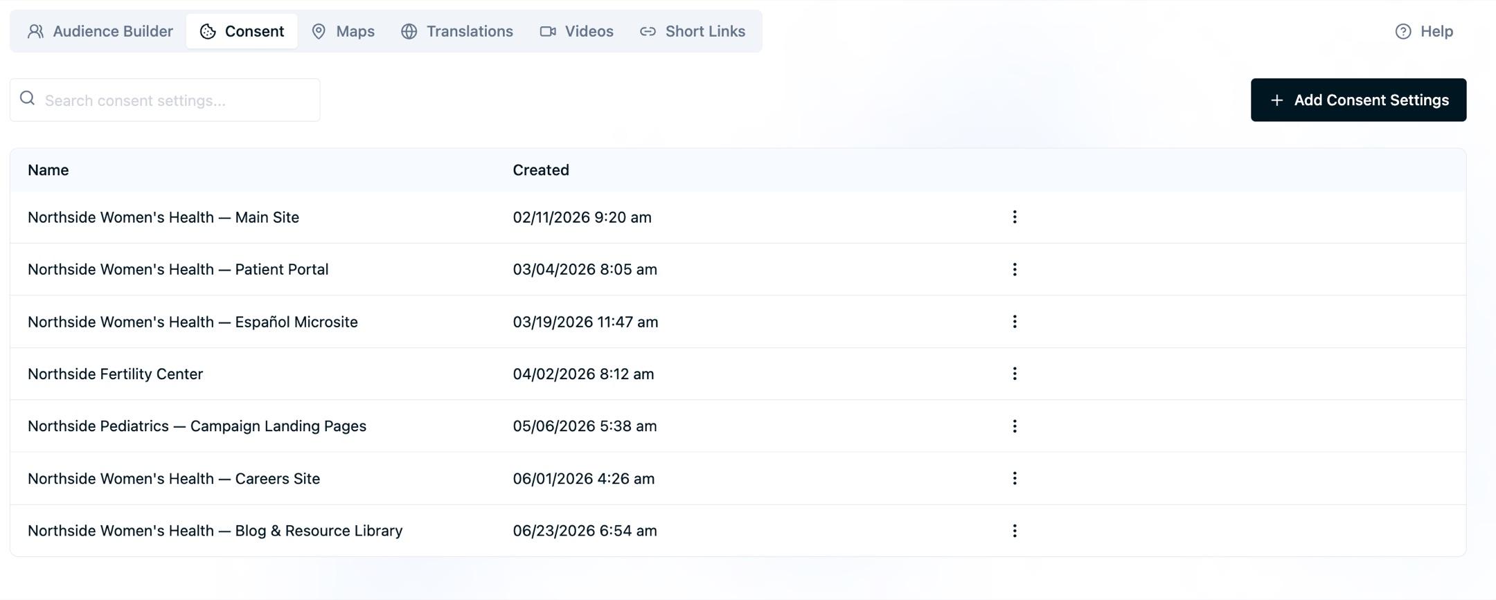 The Consent Settings list showing seven separate consent configurations for a clinic: its main site, patient portal, Spanish microsite, fertility centre, campaign landing pages, careers site and blog. Each has a created date above a search box and an Add Consent Settings button.
