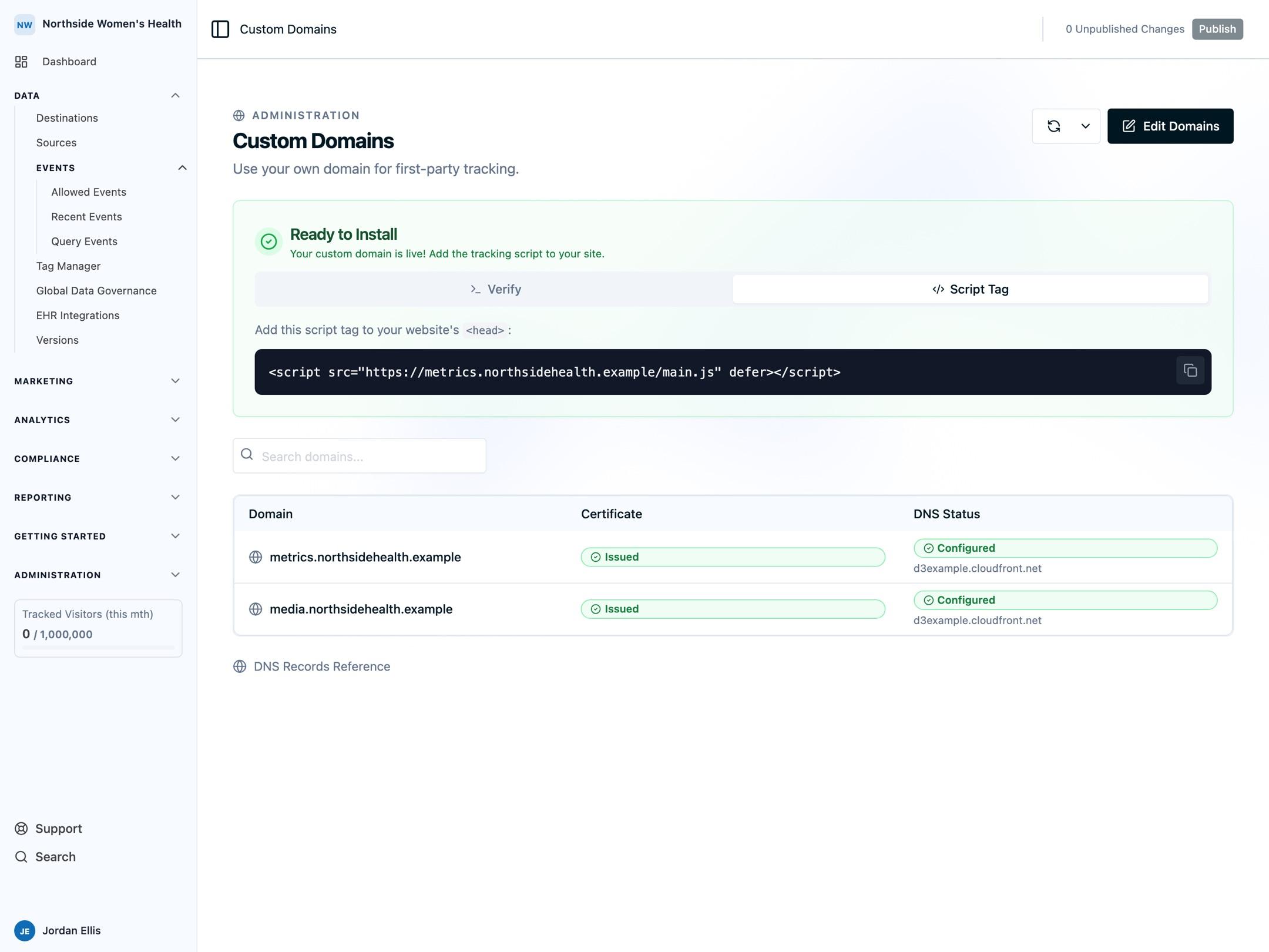 The Custom Domains dashboard showing the ready-to-install script tag and two configured Northside Women's Health domains