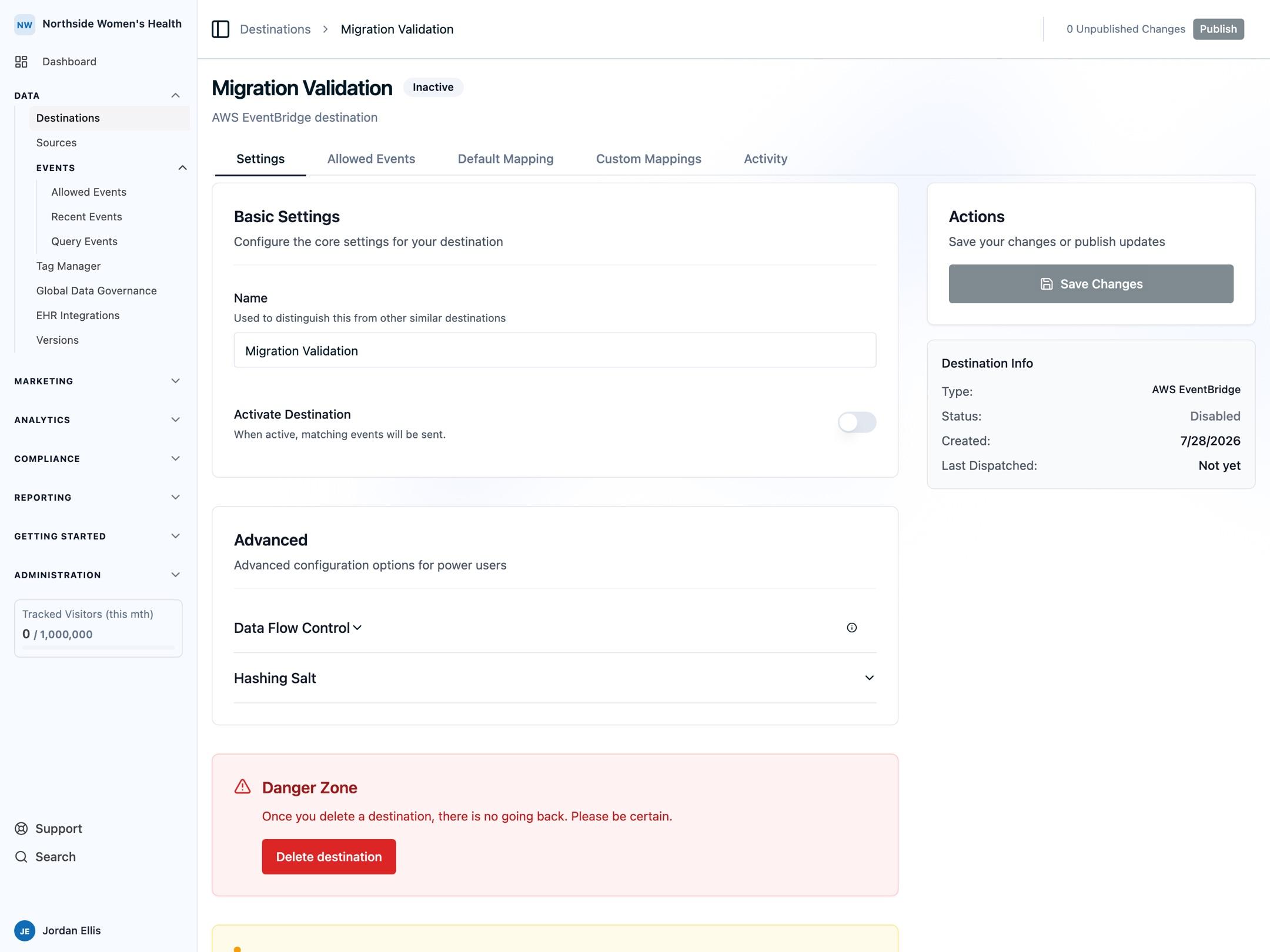 A disabled Migration Validation destination showing the Activate Destination control switched off while settings remain available