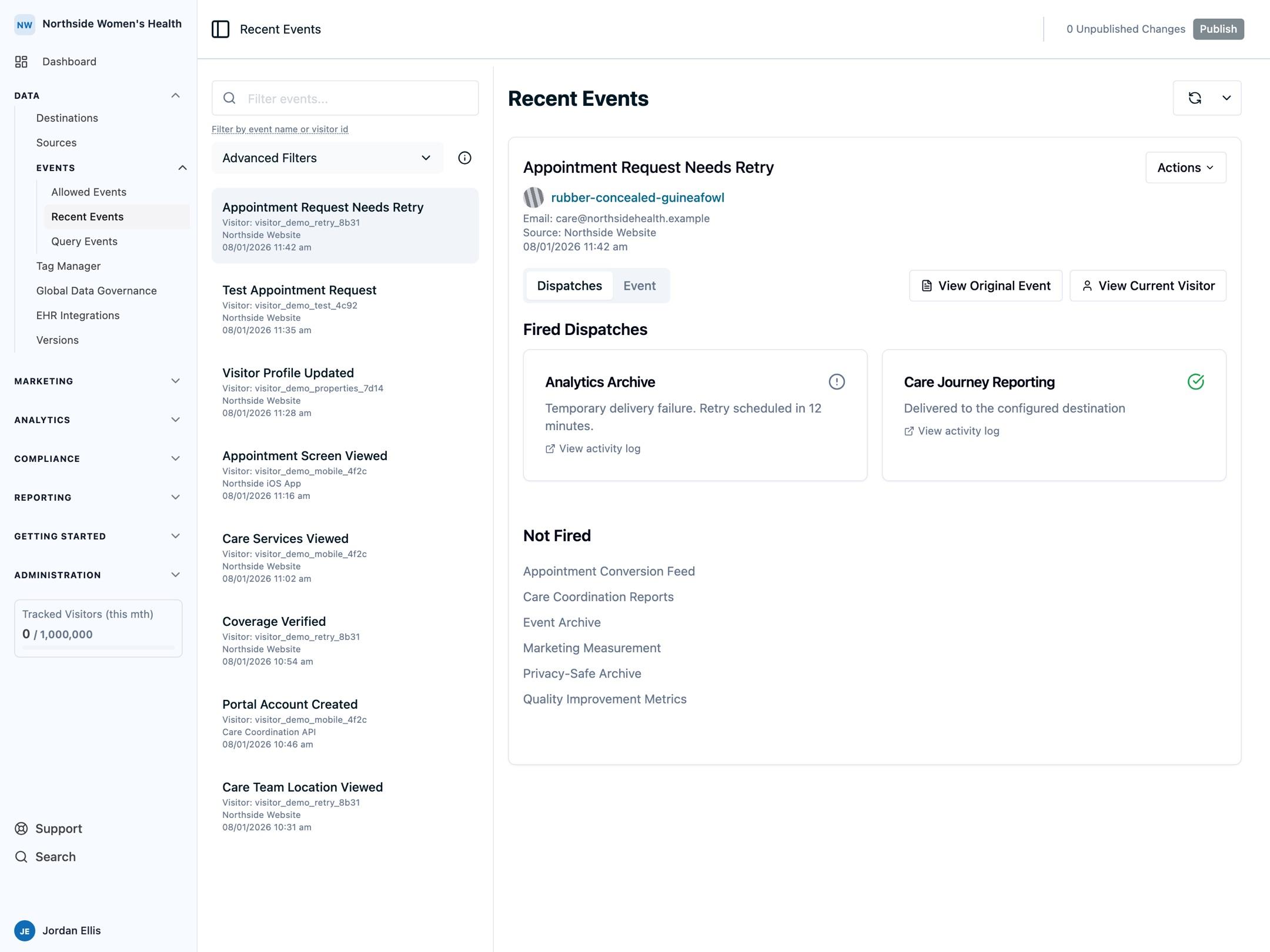The Recent Events dashboard showing a fictional appointment request with a temporary destination delivery failure, scheduled retry, and successful comparison dispatch