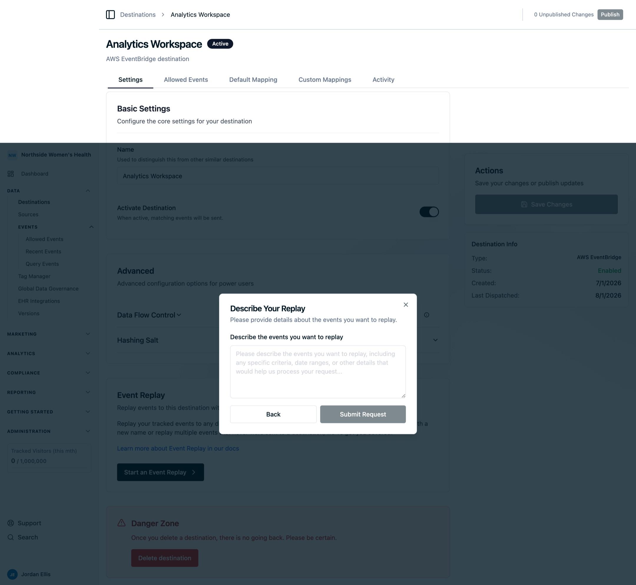 The Event Replay details form opened from the Analytics Workspace destination settings page