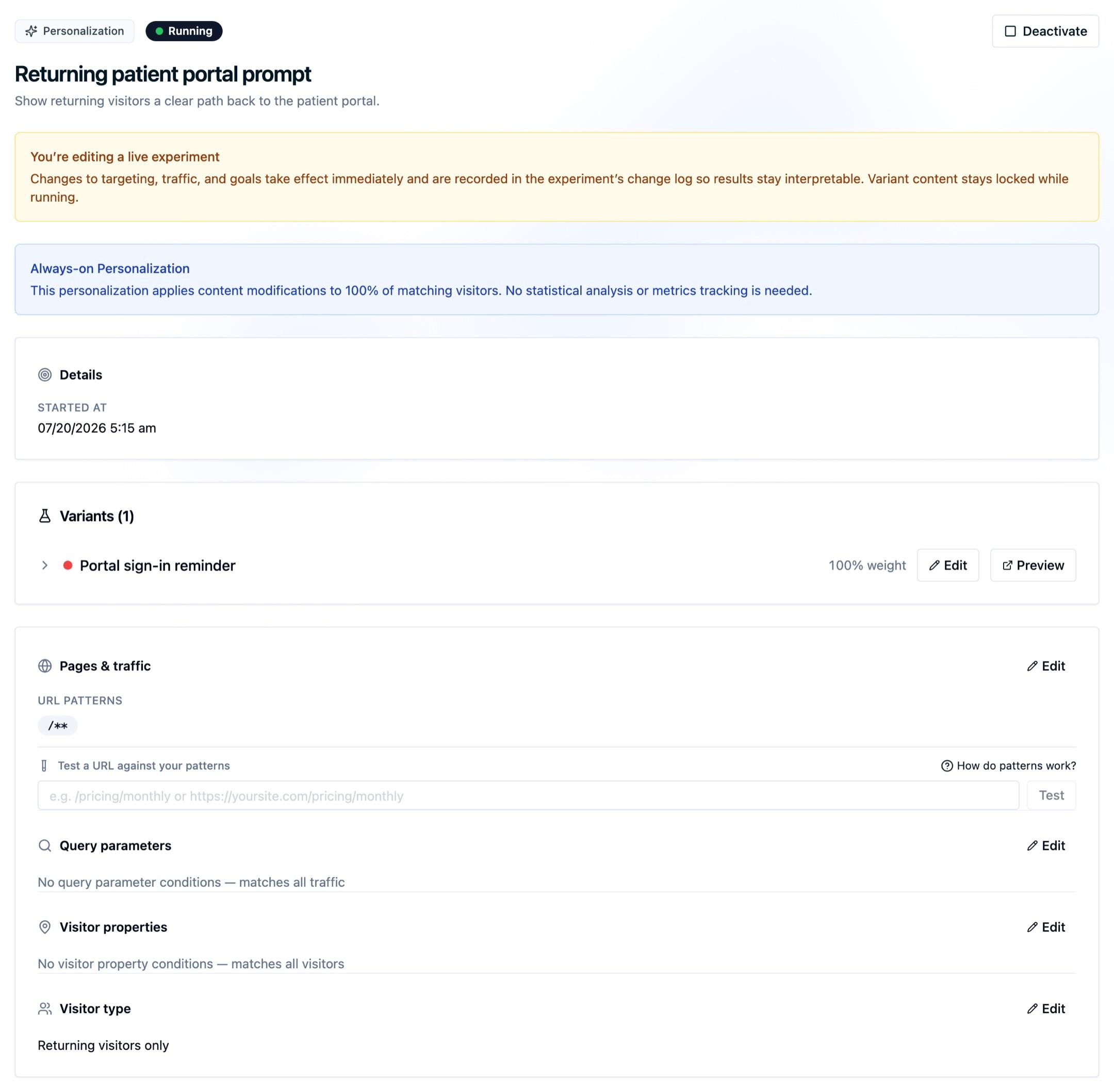 A running personalization rule for returning visitors showing its always-on delivery, targeted page pattern, and portal sign-in treatment