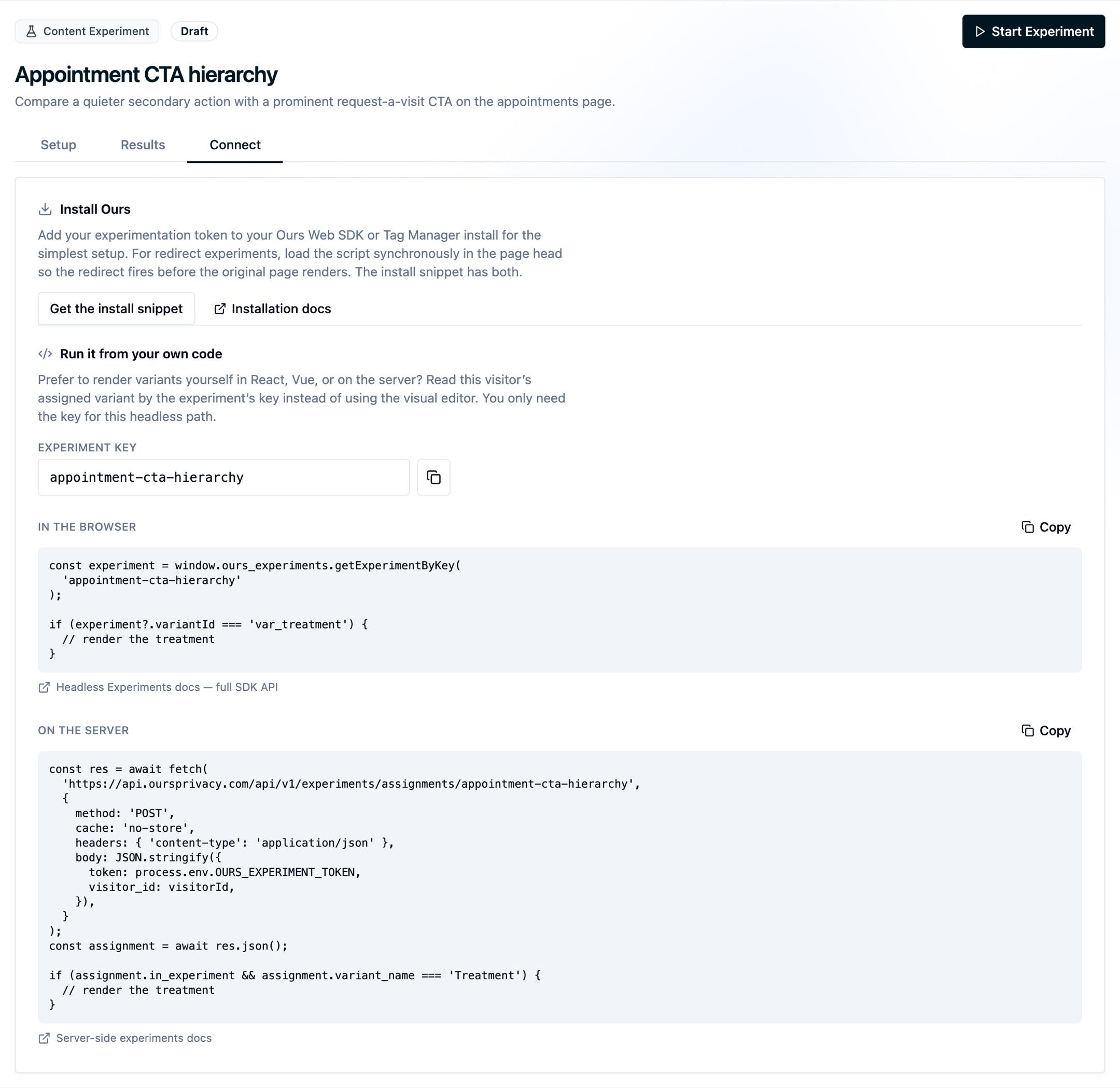 The experiment Connect tab showing a stable experiment key and browser code for reading a visitor assignment