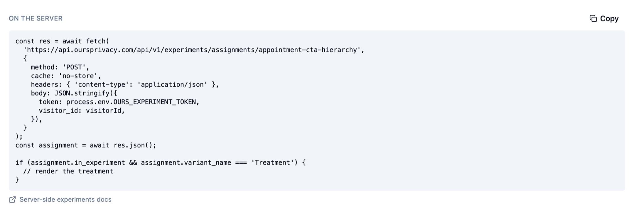 The experiment Connect tab showing the server-side assignment request with the experiment key and visitor ID