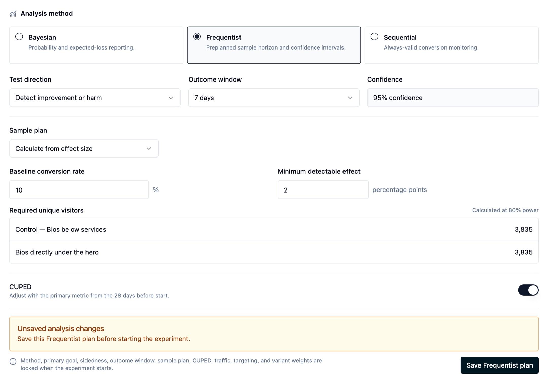 An experiment setup page with Bayesian, Frequentist, and Sequential analysis choices, plus fixed-horizon planning and CUPED controls