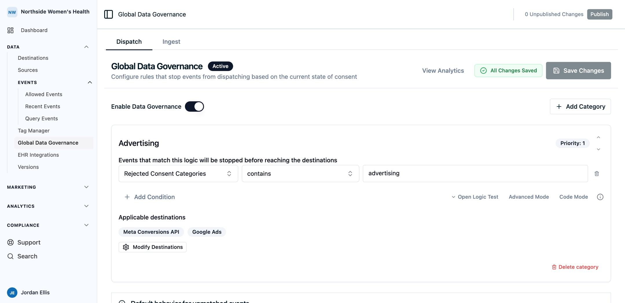 The Global Data Governance Dispatch tab with data governance enabled, an advertising rule based on rejected consent categories, and selected Meta Conversions API and Google Ads destinations