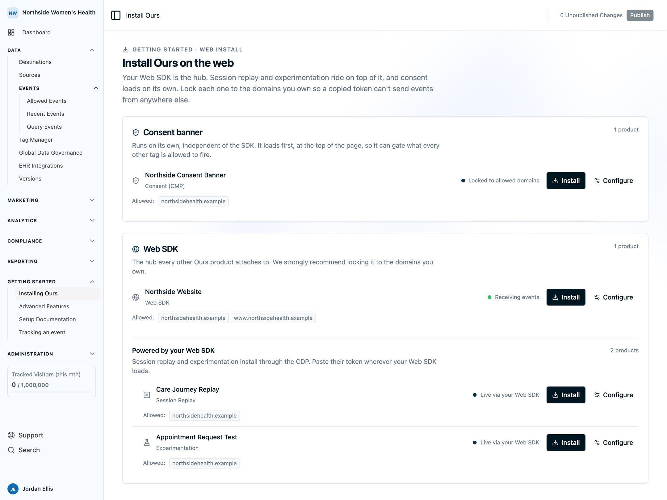 The dashboard Installation page showing a consent banner, the Northside Website Web SDK, and Session Replay and Experimentation products that use the Web SDK