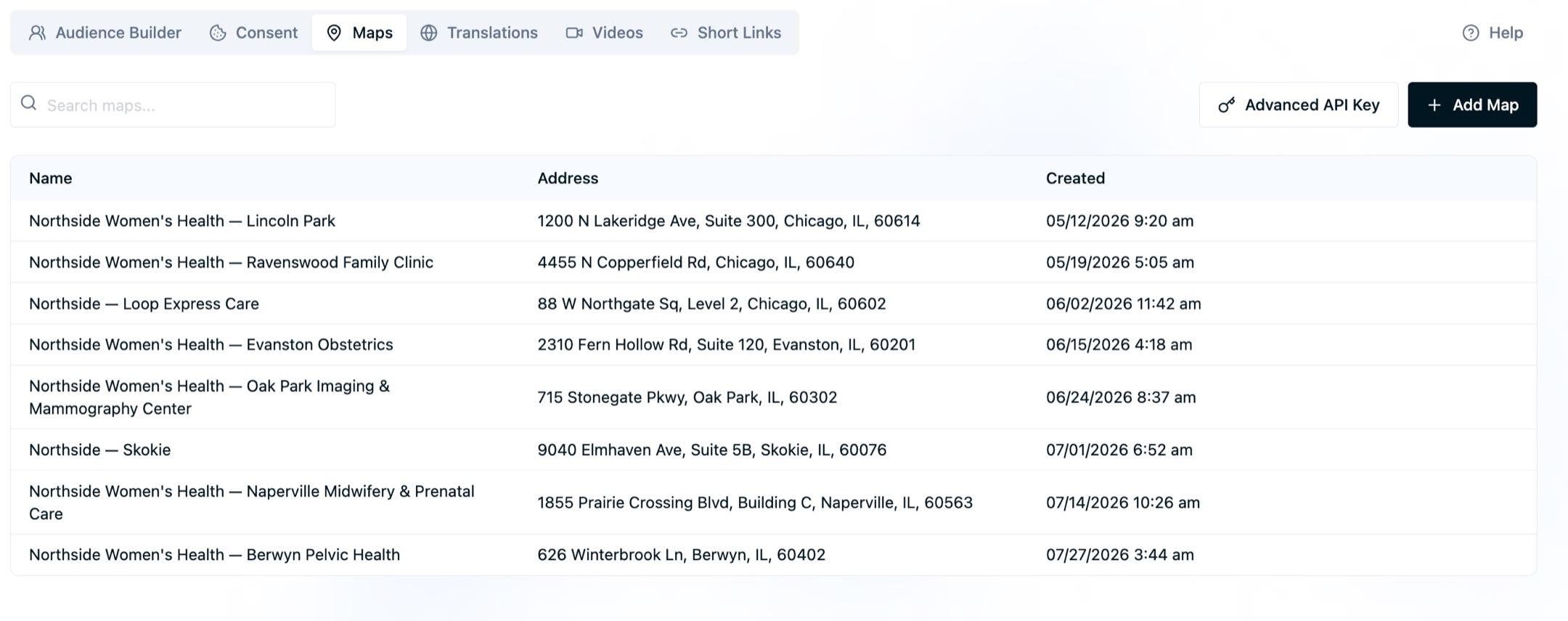 The Maps list in the Marketing Center showing eight saved clinic maps with their street addresses and creation dates, a search box, and an Add Map button