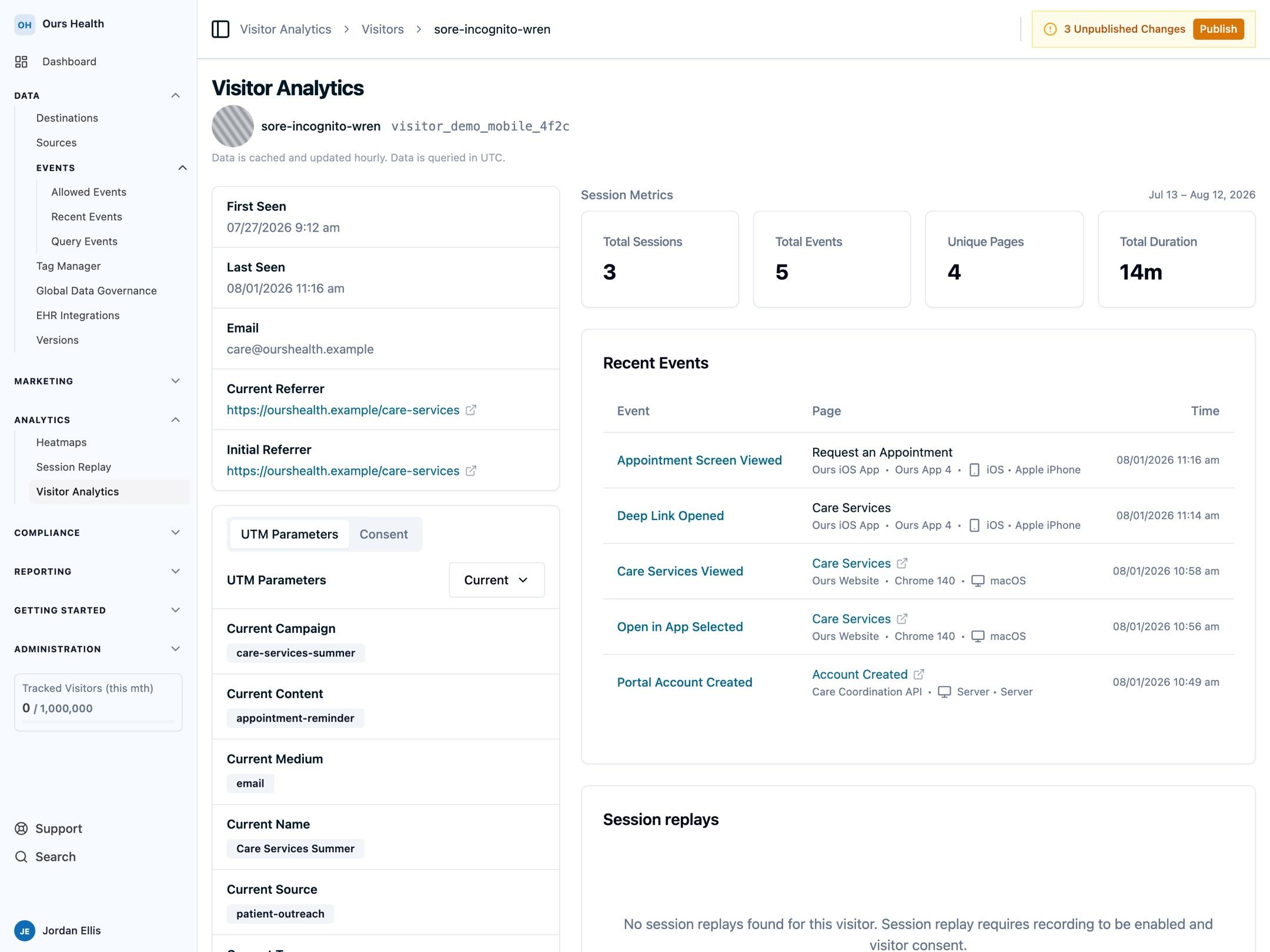 A fictional visitor profile that combines iOS app, website, and server events in one recent-events timeline