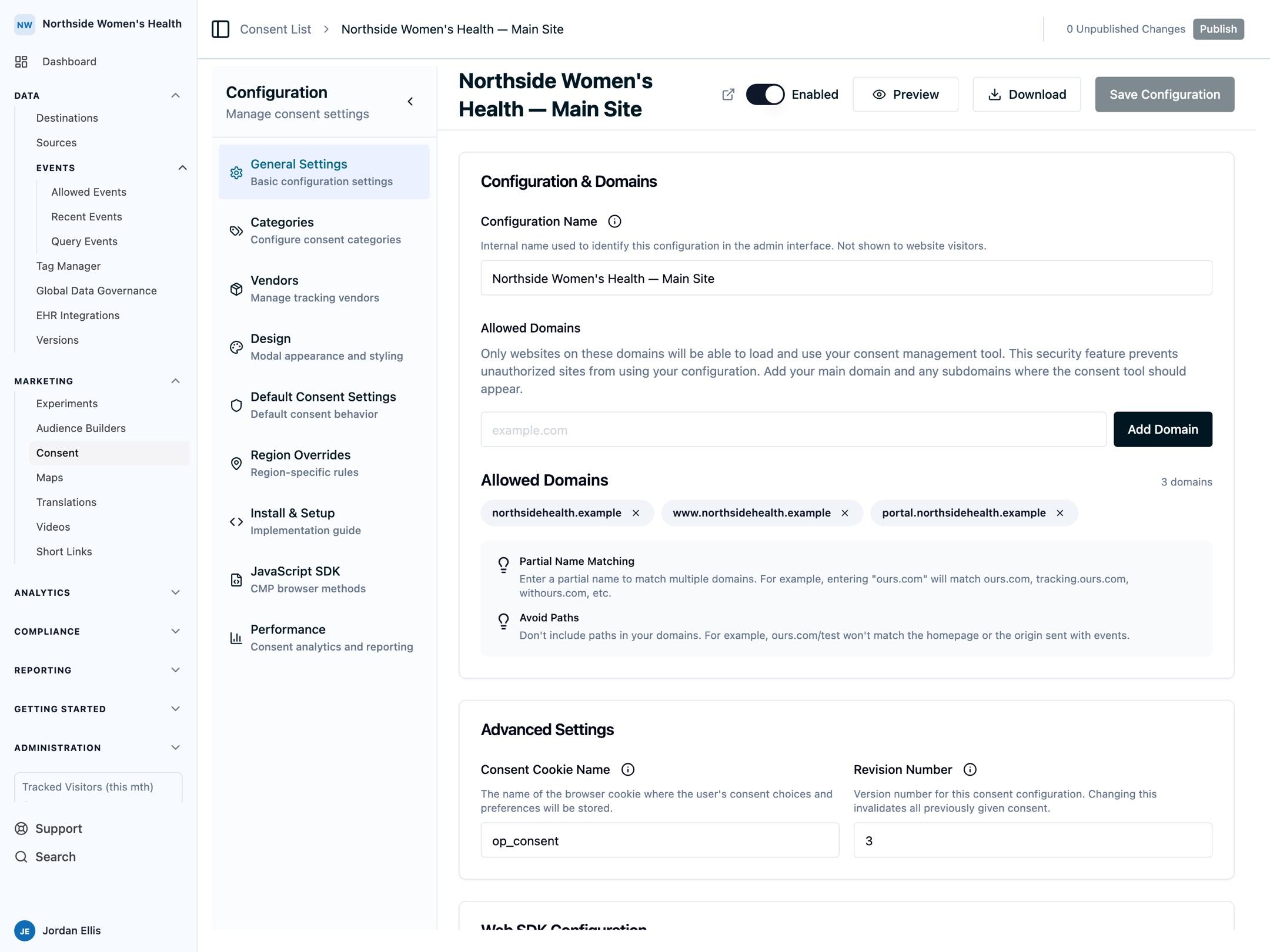 The Ours Privacy consent configuration for Northside Women's Health, with General Settings selected and the allowed domains and consent revision controls visible.