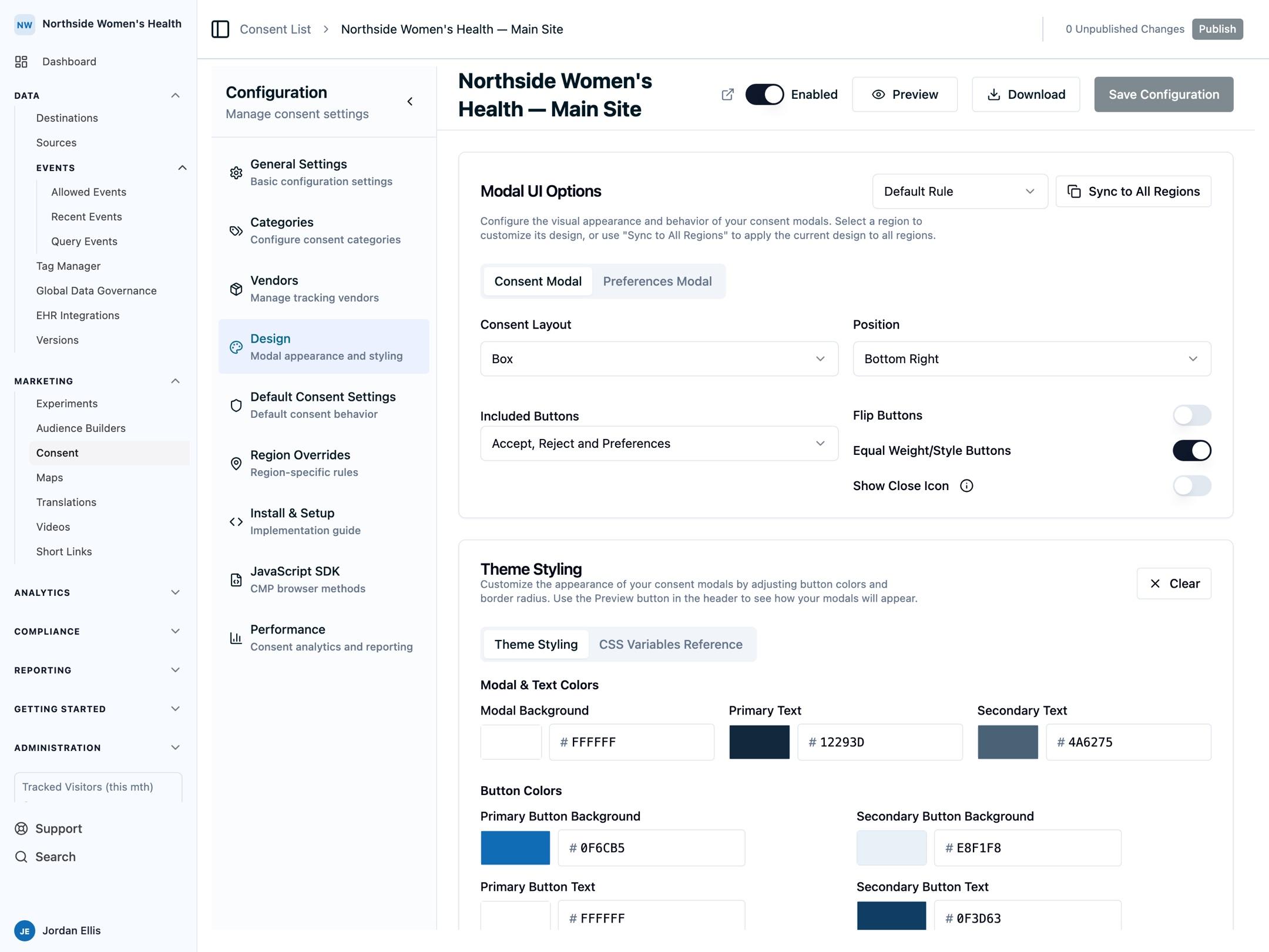 The consent Design panel with the Preview button available beside the enabled configuration status.