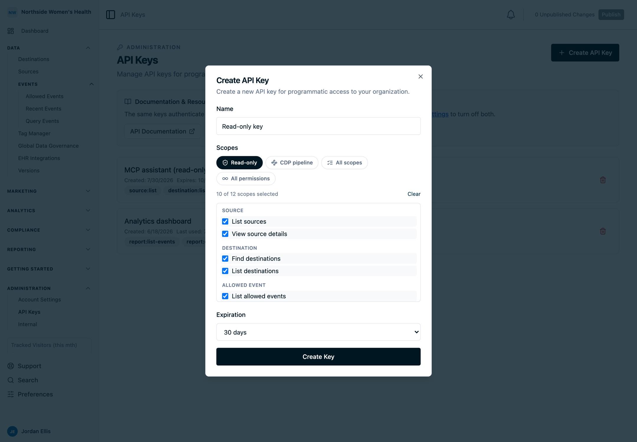 The API key creation dialog with the read-only scope preset selected for an Ours Privacy MCP connection