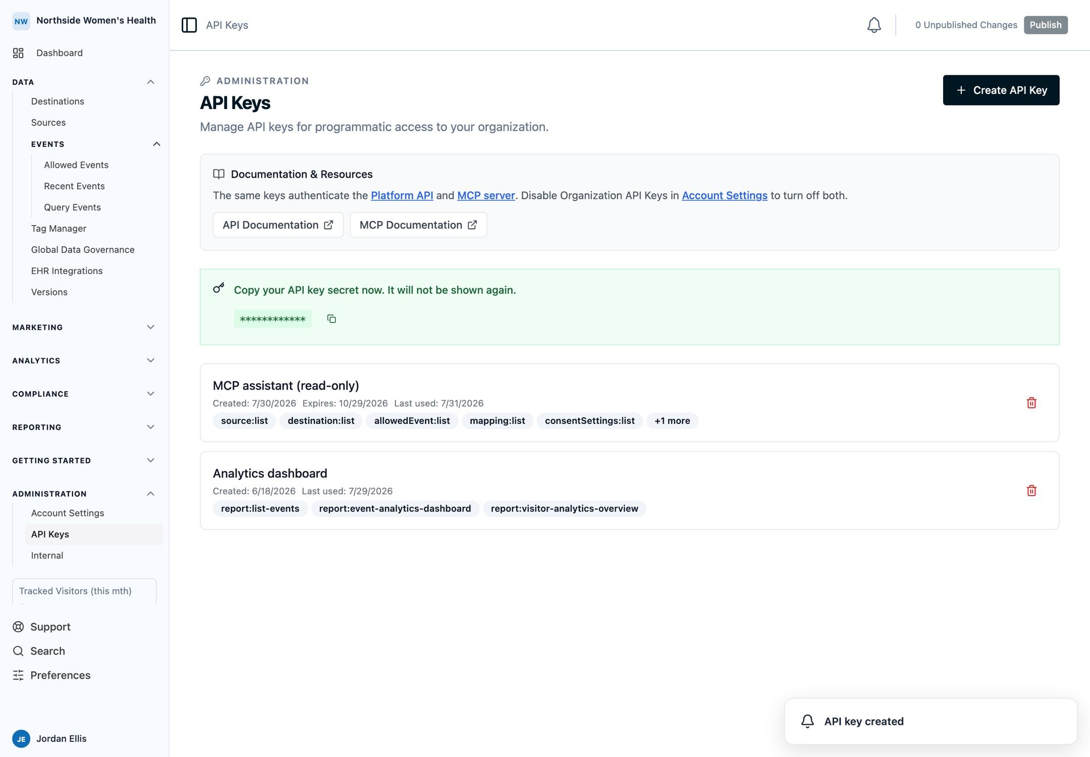 The API Keys page after creating a scoped key, with the one-time secret masked