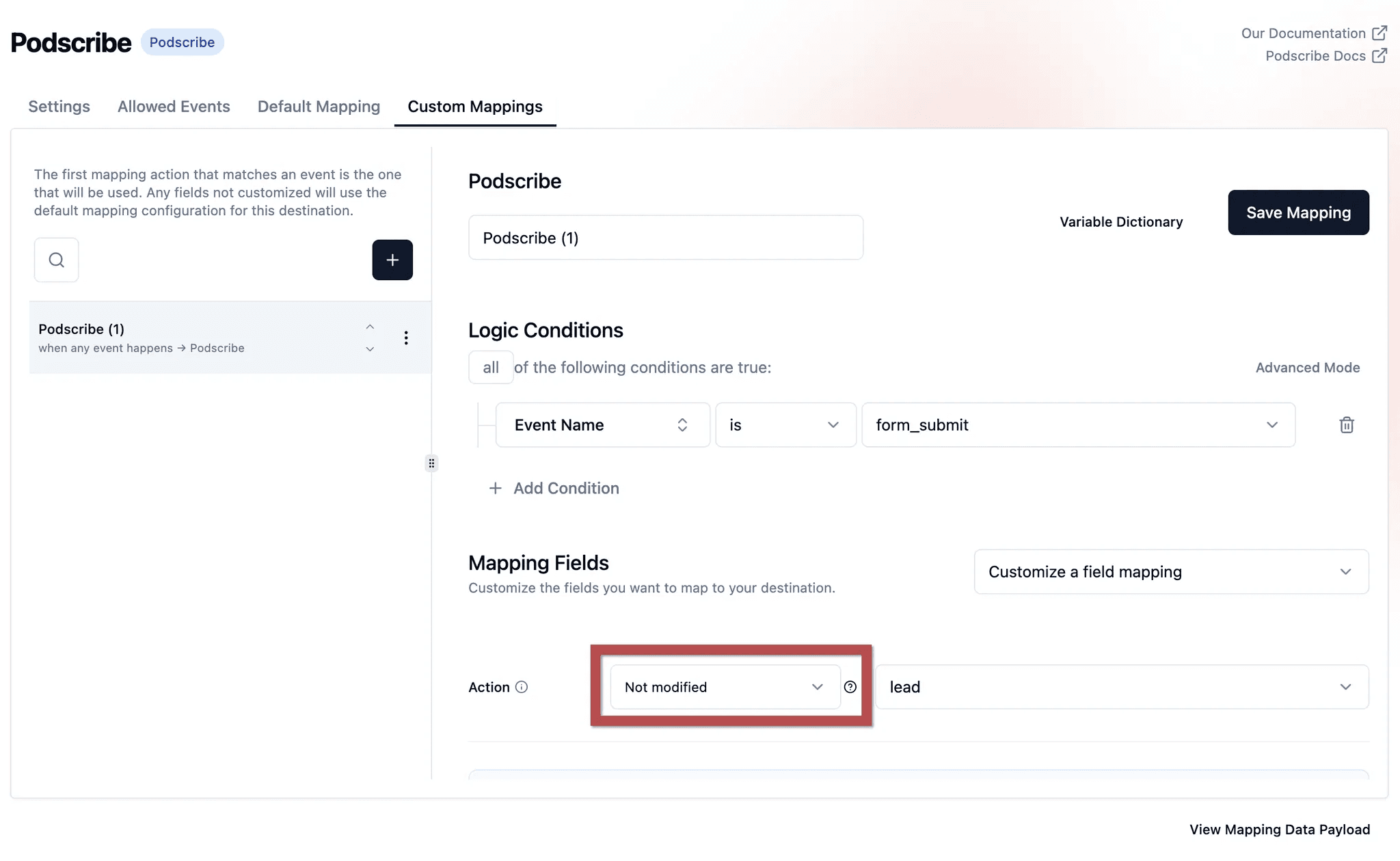Adjusting the Action field modification for an allowed event mapping