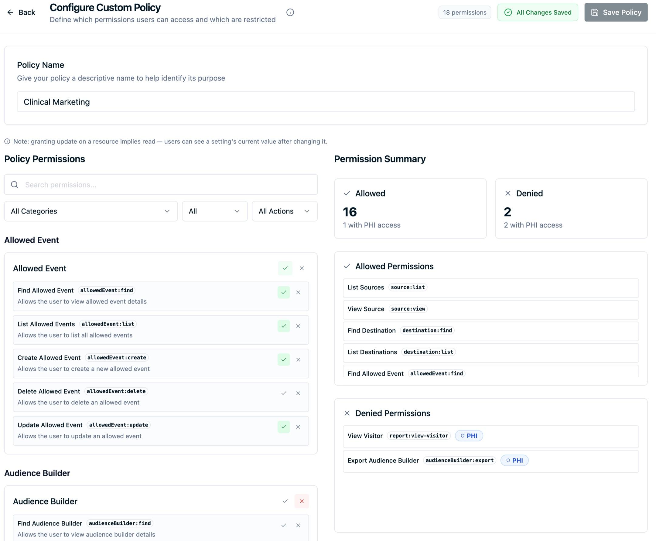 The policies and permissions configuration showing the Tag Manager access controls that determine who can view and update a container.