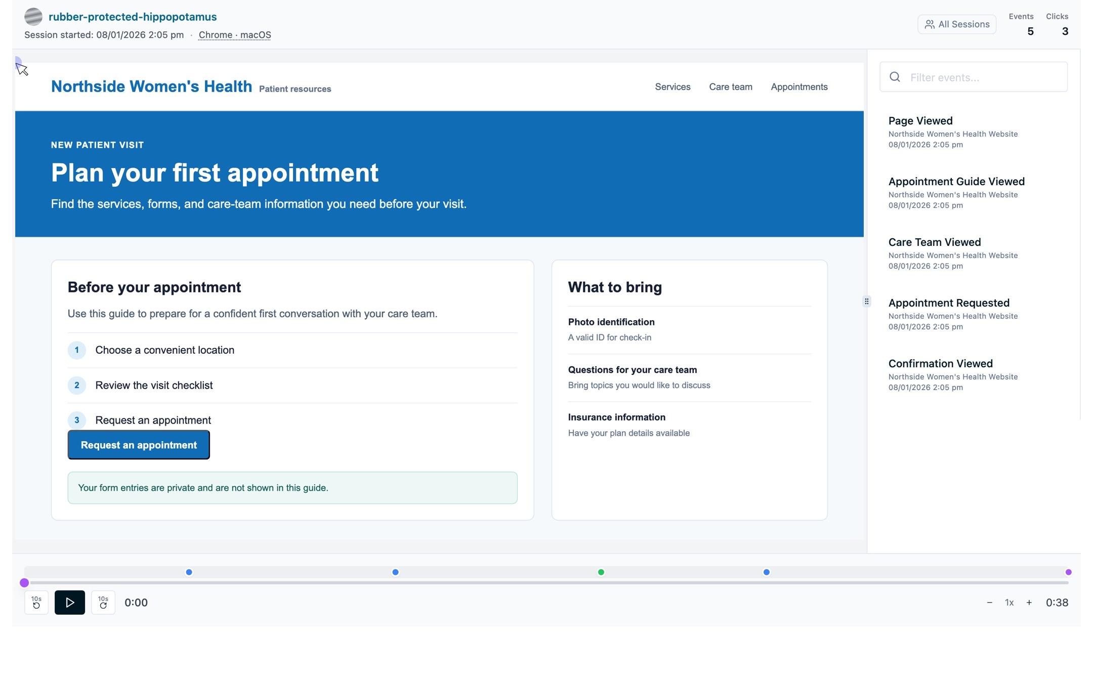 The Session Replay player showing a fictional Northside Women's Health appointment-guide recording, related events, interaction markers, and playback controls.