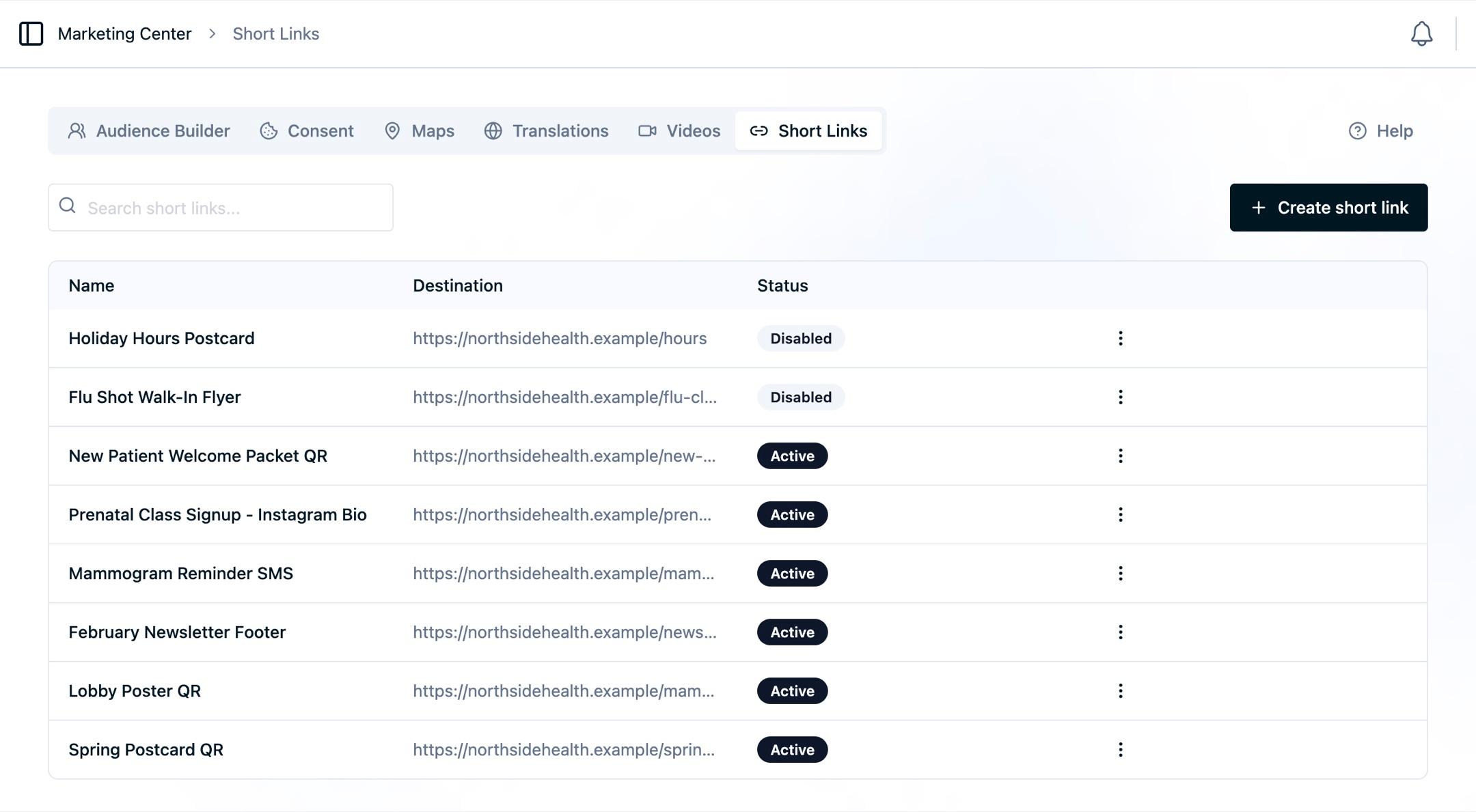 The Short Links list in the Marketing Center showing eight campaign links with their names, destination URLs, and Active or Disabled status badges, above a search box and a Create short link button