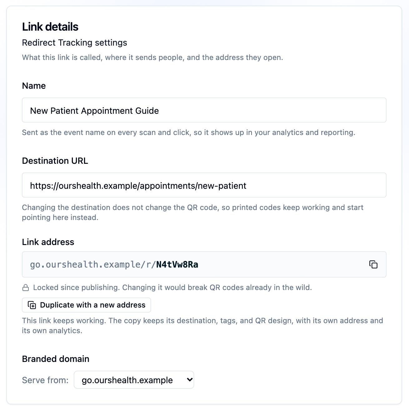 The Link details card for a live short link with the Name, Destination URL, and locked Link address fields, and a Branded domain picker with go.ourshealth.example selected under Serve from