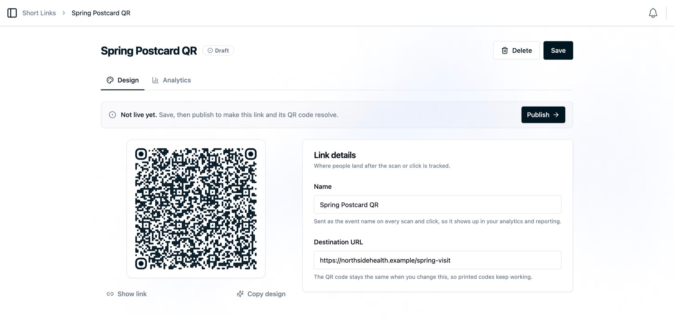 The short link editor with the QR code preview on the left and the Link details card on the right, showing the Name and Destination URL fields filled in for a spring postcard campaign
