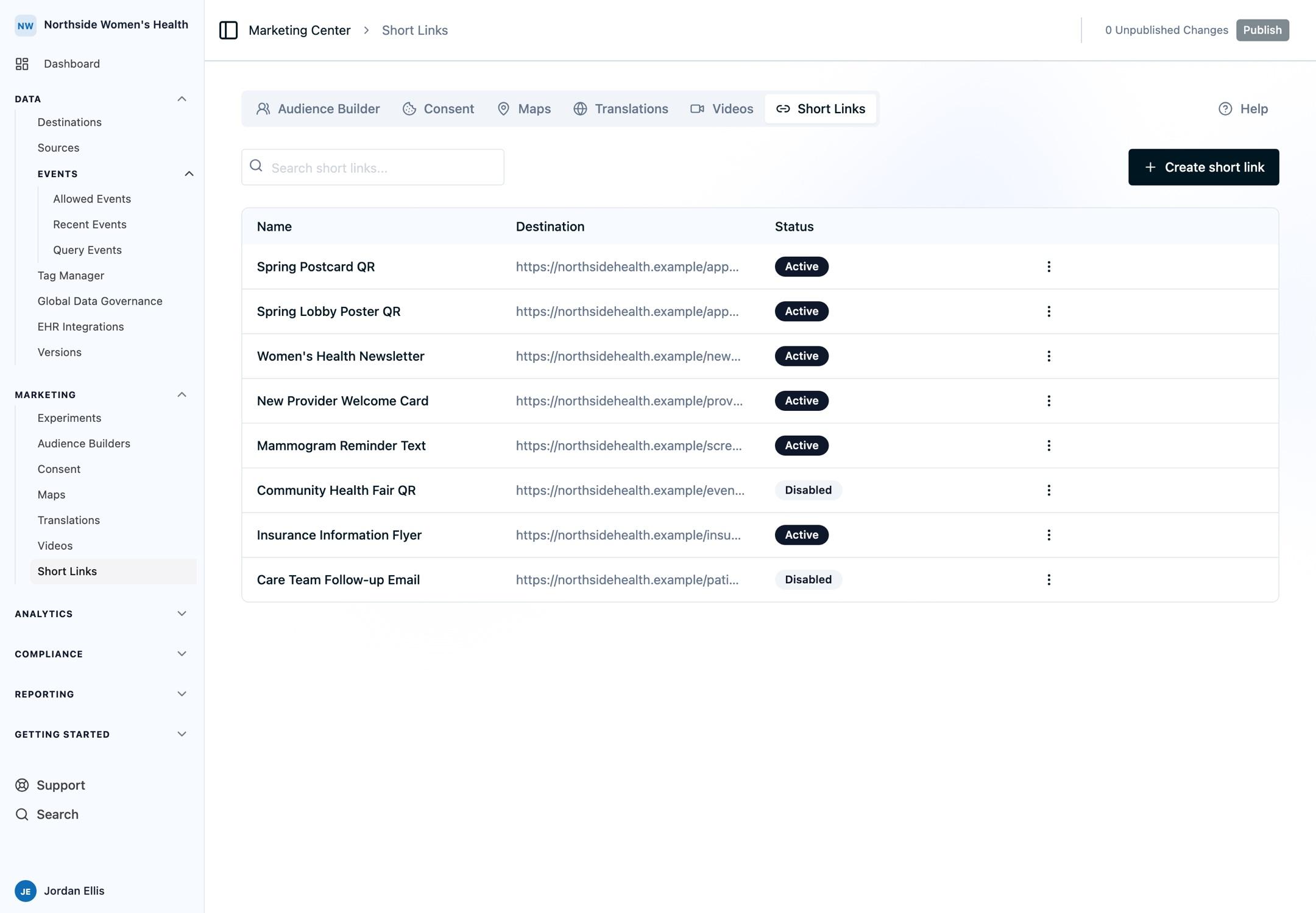 The Short Links list in Marketing Center showing eight fictional campaign links, their destination URLs, and Active or Disabled status badges alongside a Create short link button