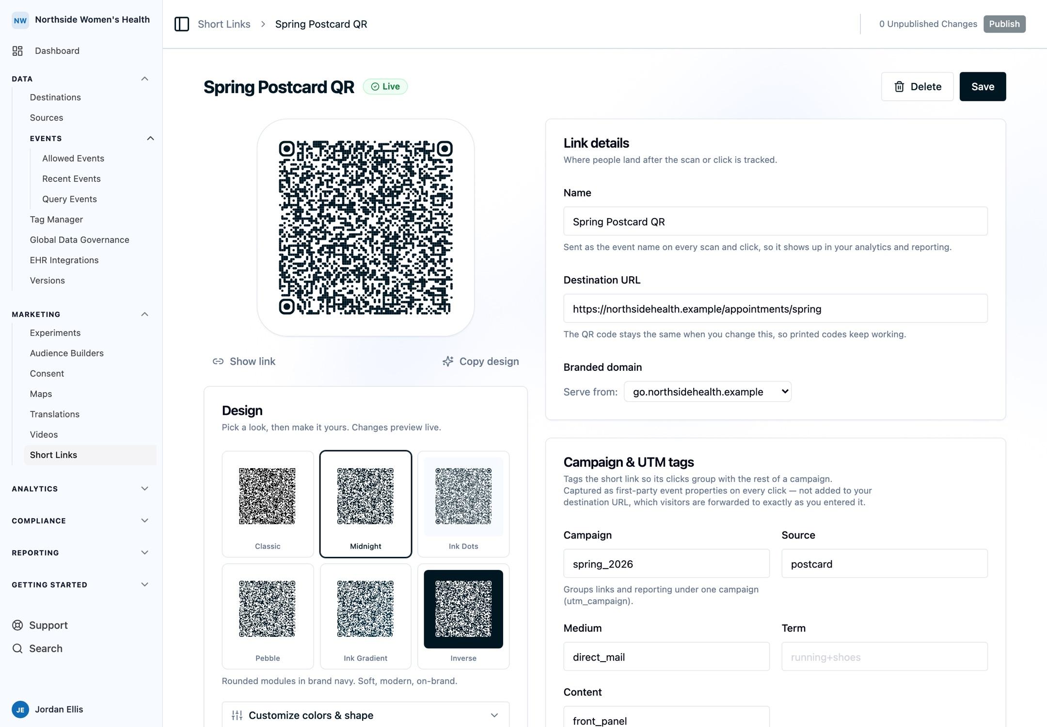 The short link editor for a spring postcard campaign showing the QR preview, Link details card, and a Branded domain selector with a Serve from picker set to go.northsidehealth.example