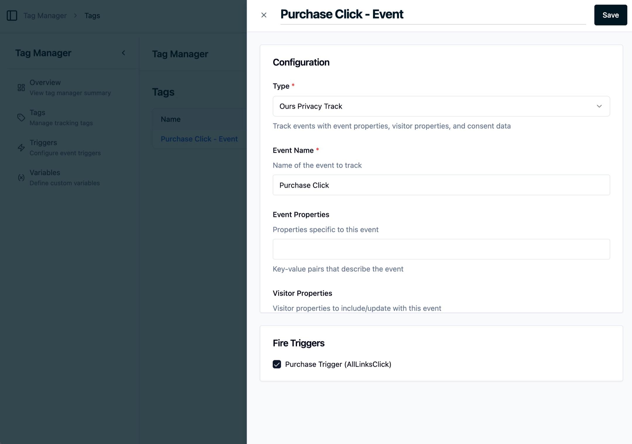 The Tag Manager Purchase Click event configuration panel, with Ours Privacy Track selected, Purchase Click entered as the event name, and Purchase Trigger (AllLinksClick) selected under Fire Triggers.