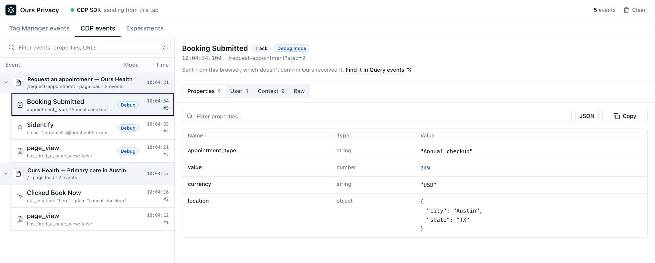 The CDP events tab of the Tag Manager DevTools panel listing page, identify, and track calls grouped by page visit, with the selected Booking Submitted event's properties, a Debug mode badge, and a link to Query events.