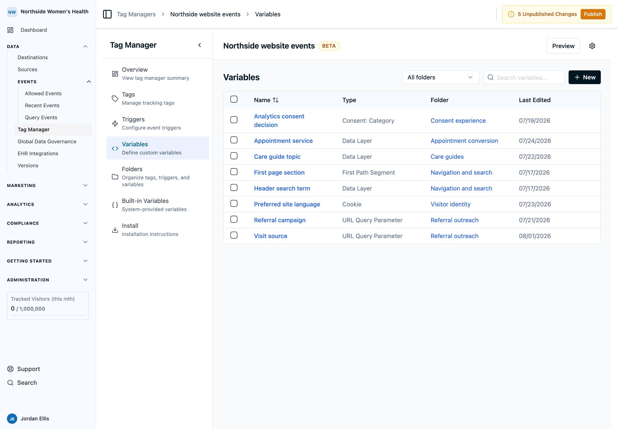The Variables list in Tag Manager showing configured variables with their names and configuration types.