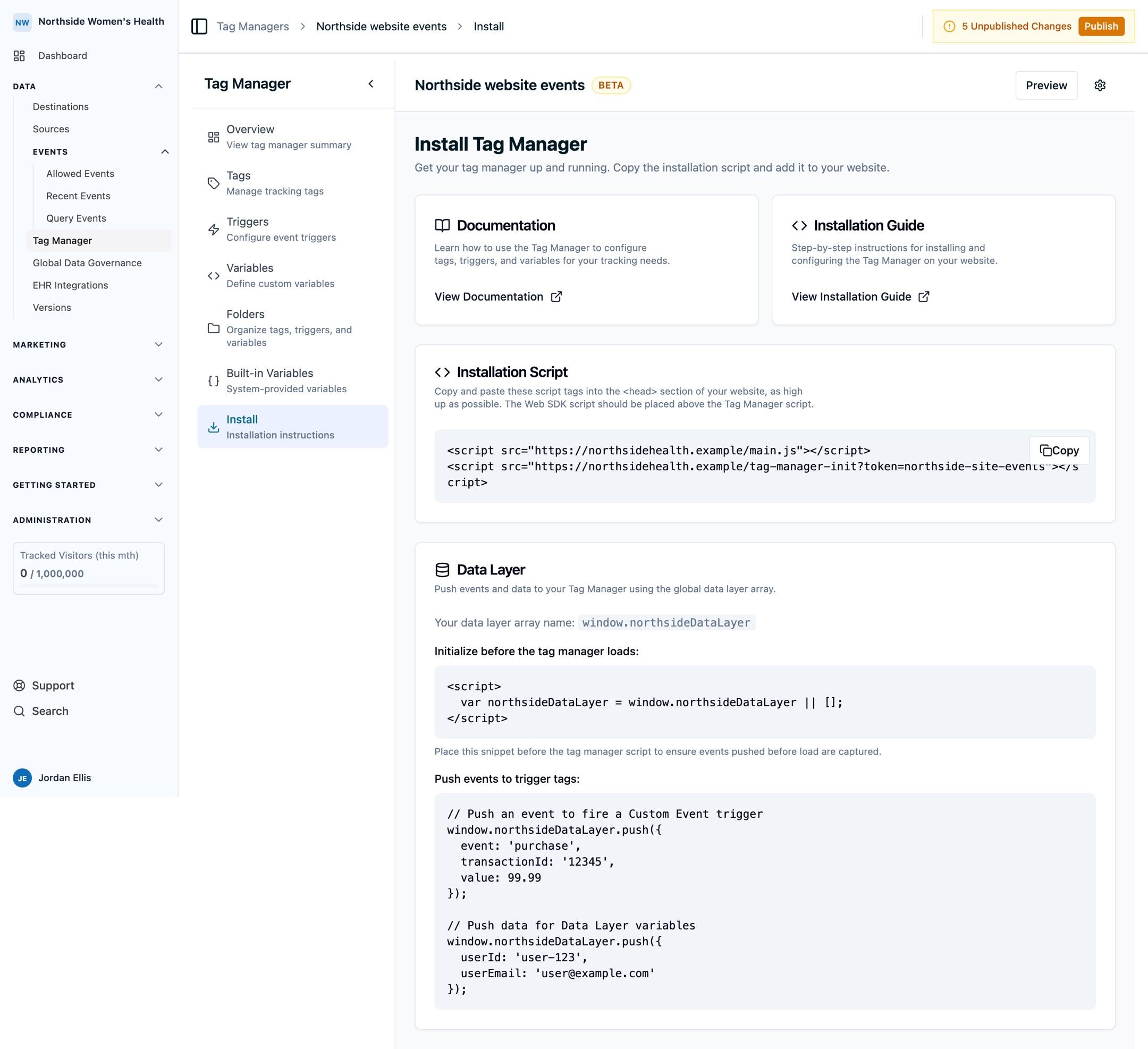 The Tag Manager installation page showing the two-script install snippet and a Copy button for adding the container to a website.