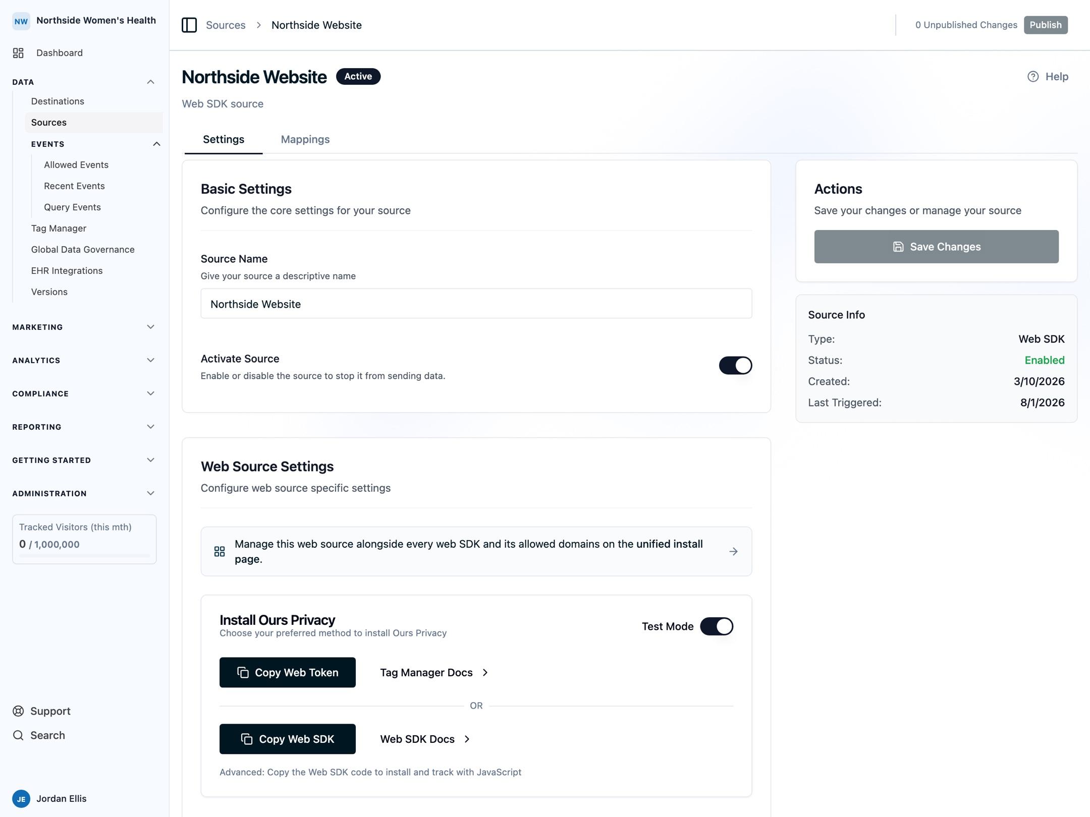 The fictional Northside Website source settings with Test Mode enabled in the Ours Privacy dashboard