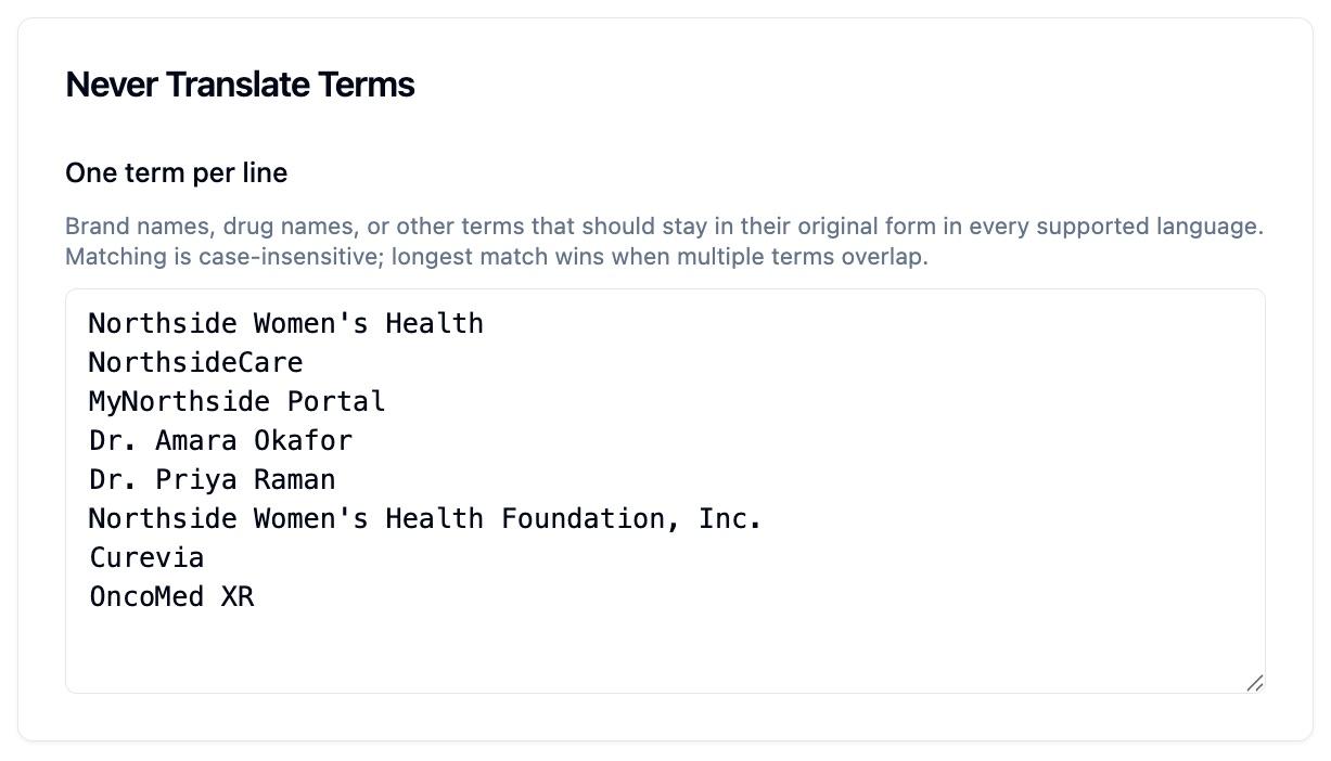 The Never Translate Terms card with one term per line, listing a clinic's brand name, its care and portal product names, two provider names, its legal entity name, and two drug names that must stay untranslated
