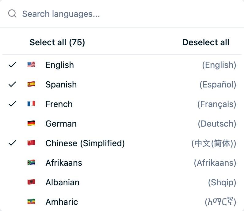 The Languages Offered multi-select dropdown with a search box, Select all and Deselect all controls, and a checklist of languages including English, Spanish, French, and Chinese (Simplified) checked as enabled