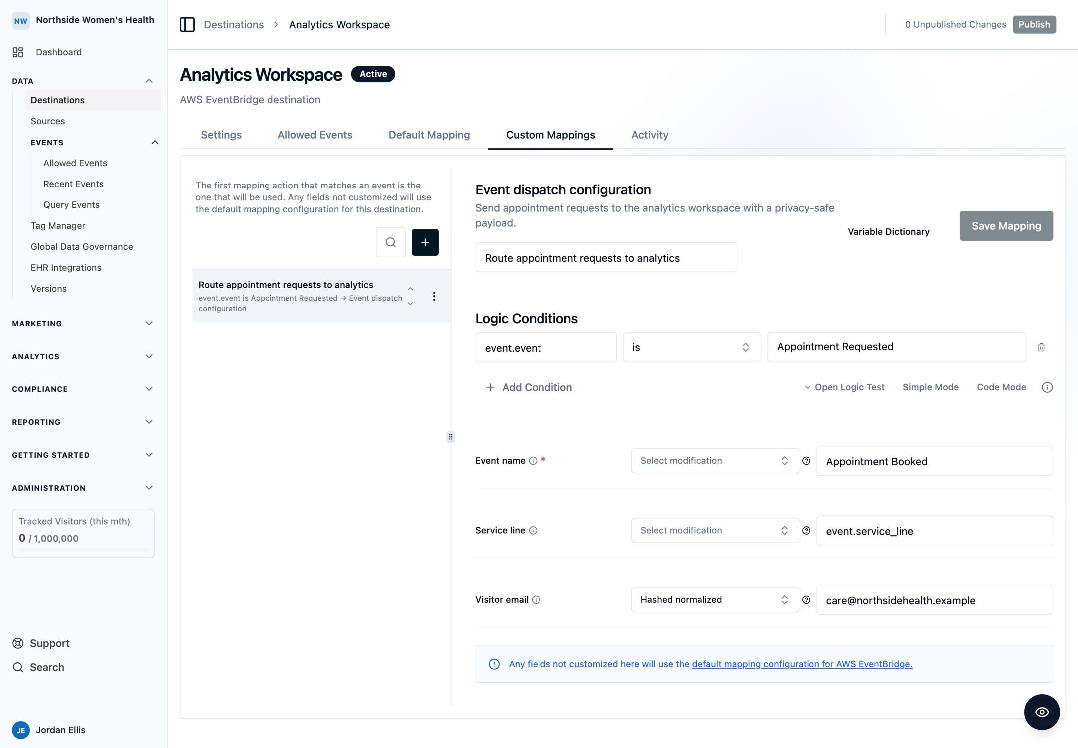 A custom mapping editor with an event condition and fields that rename an event, pass through a service line, and hash a visitor email