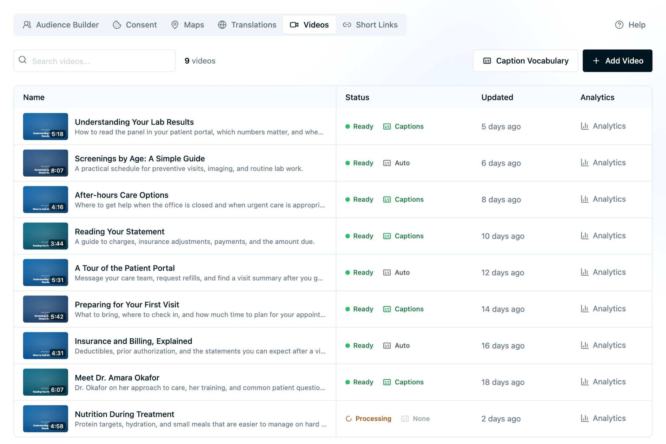 The Videos list showing nine videos with poster thumbnails, combined processing and caption status, update times, and Analytics links
