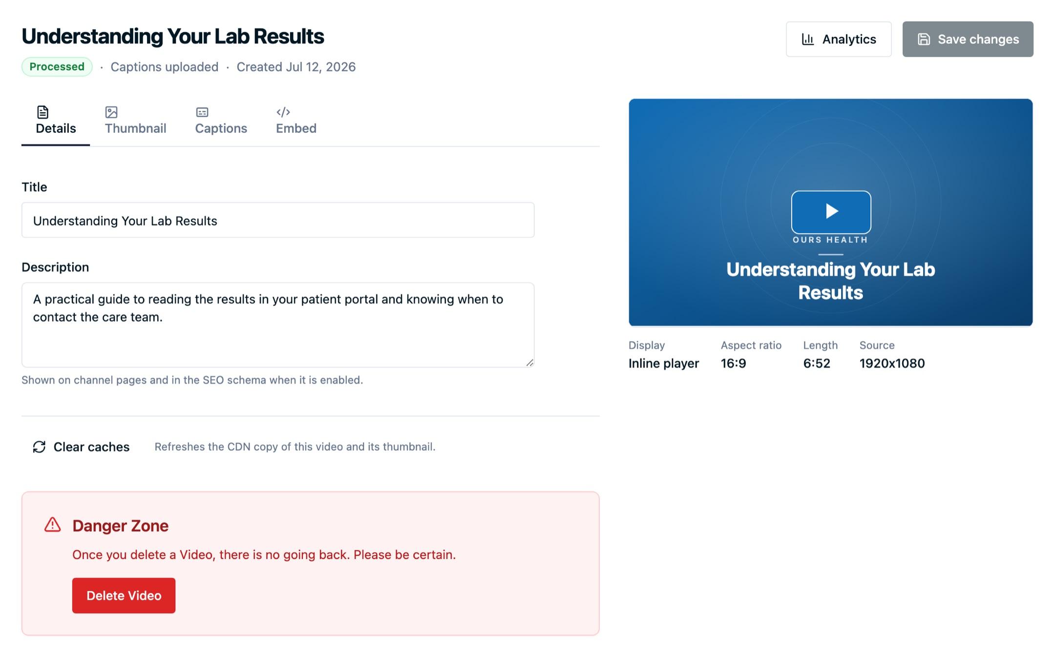 A video detail page with its title, publishing status, Analytics action, Details tab, and description fields