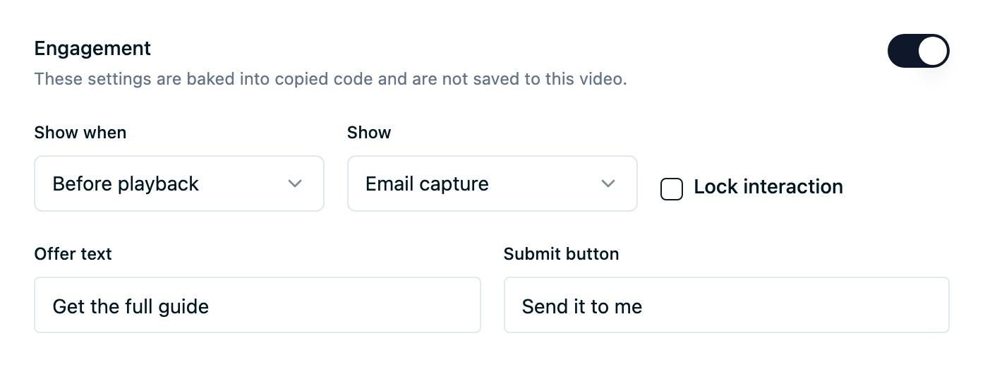 The Embed tab with Engagement enabled, Before playback selected, Email capture selected, and the offer and submit-button fields above the generated code