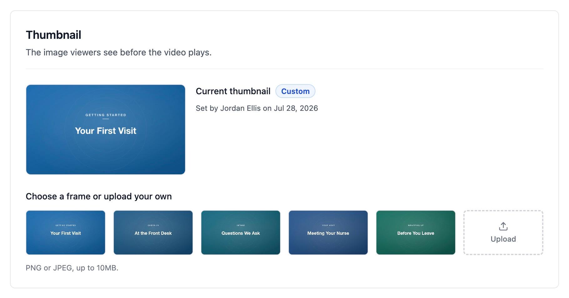 The Thumbnail section showing the current poster image beside five captured frames to choose from, and an Upload option